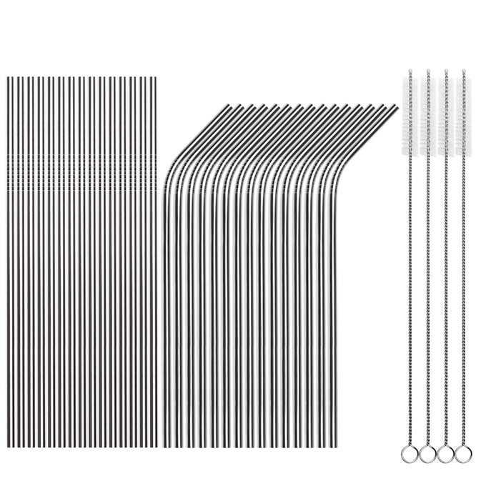 REUSABLE STRAWS 30 PACK STAINLESS STEEL DRINKING STRAWS METAL STRAW BULKS FOR SMOOTHIES TUMBLERS COCKTAIL MILKSHAKESET OF 15 STRAIGHT AND 15 BENT WITH 2 CLEANING BRUSHES SILVER