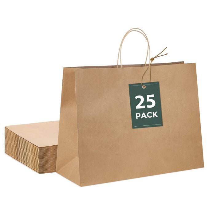 16X6X12 BROWN PAPER BAGS WITH HANDLES 25 PCS KRAFT PAPER SHOPPING BAG FOR SMALL BUSINESS LARGE PAPER BAGS VALENTINES GIFT BAG WITH HANDLES FOR BOUTIQUE FOOD SERVICE TAKE OUT