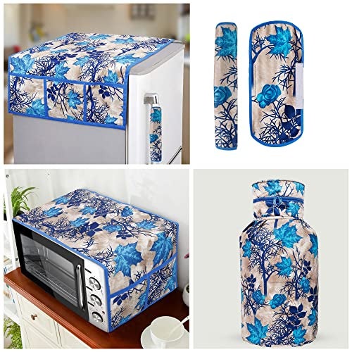 E-Retailer® Exclusive 3-Layered Polyester Combo Set of Appliances Cover (1 Pc. Fridge Top Cover, 2 Pc. Handle Cover, 1 Pc. of Microwave Oven Top Cover and 1 Pc. Front Load Washing Machine Cover) (Blue, Design-Floral, Set Contains-3 Pcs.) - Image 1