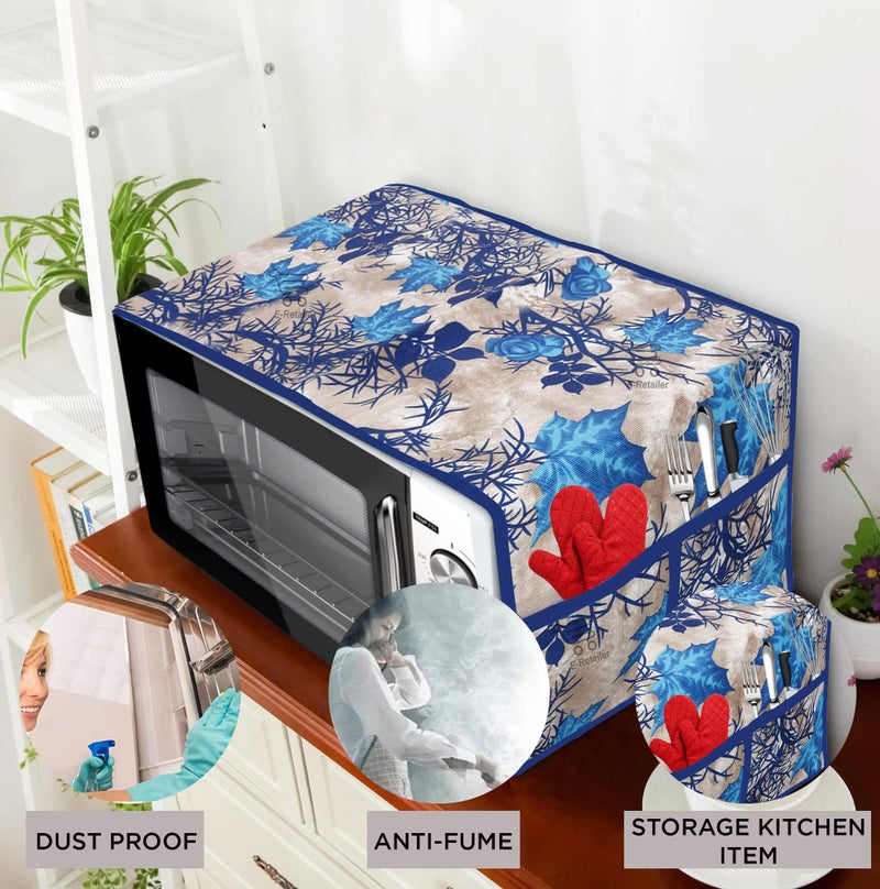 E-Retailer® Exclusive 3-Layered Polyester Combo Set of Appliances Cover (1 Pc. Fridge Top Cover, 2 Pc. Handle Cover, 1 Pc. of Microwave Oven Top Cover and 1 Pc. Front Load Washing Machine Cover) (Blue, Design-Floral, Set Contains-3 Pcs.) - Image 5