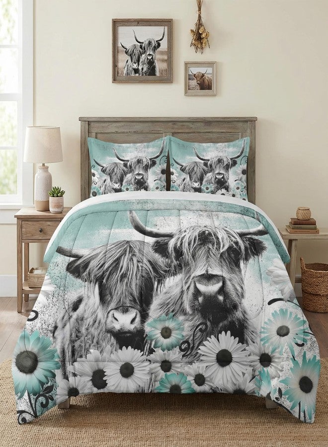 WeCozy طقم لحاف WeCozy مقاس كينج مع غطاءين للوسائد، طقم مفروشات Buffalo Bull Farm Daisy للأطفال والكبار، طقم لحاف ناعم بتصميم بقرة هايلاند لتزيين غرفة النوم - Image 1