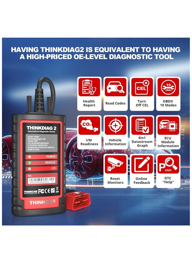 THINKCAR - Thinkdiag2 All System Bidirectional Control OBD2 Diagnostic Scanner for iOS & Android, Bluetooth5.0 Intelligent Scan Tool with CAN-FD Protocol, AutoVIN, Active Test, 15+ Reset Functions, ECU Coding - Image 1