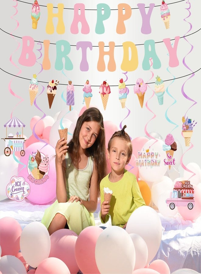 Refavor Ice Cream Birthday Party Decorations - Colorful Happy Birthday Banners, Hanging Swirls Decor Supplies for Summer Theme Girls Party - Image 4