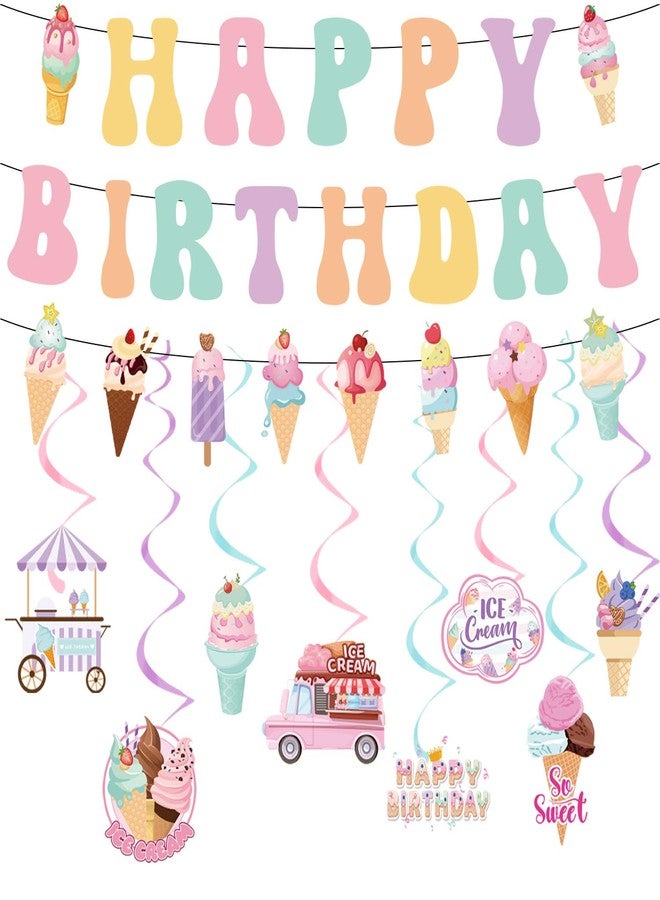 Refavor Ice Cream Birthday Party Decorations - Colorful Happy Birthday Banners, Hanging Swirls Decor Supplies for Summer Theme Girls Party - Image 1