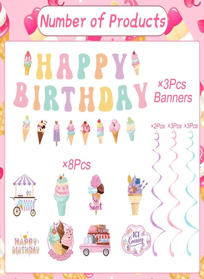 Refavor Ice Cream Birthday Party Decorations - Colorful Happy Birthday Banners, Hanging Swirls Decor Supplies for Summer Theme Girls Party - Image 3