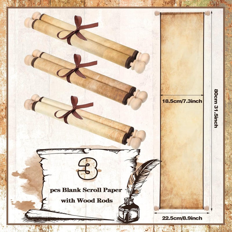 Sinmoe 3 Pack Blank Paper Scrolls 75 x 31 Inches Scroll Paper Wrapped on Wood Rod for Writing Drawing Calligraphy Wedding Vows Invitation Renaissance Festivals - Image 3