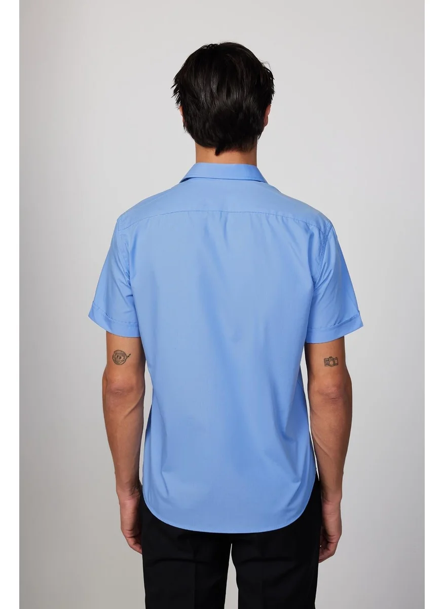 تودورس Classic Fit Short Sleeve Plain Tie Holder Easy Iron Men's Blue Shirt