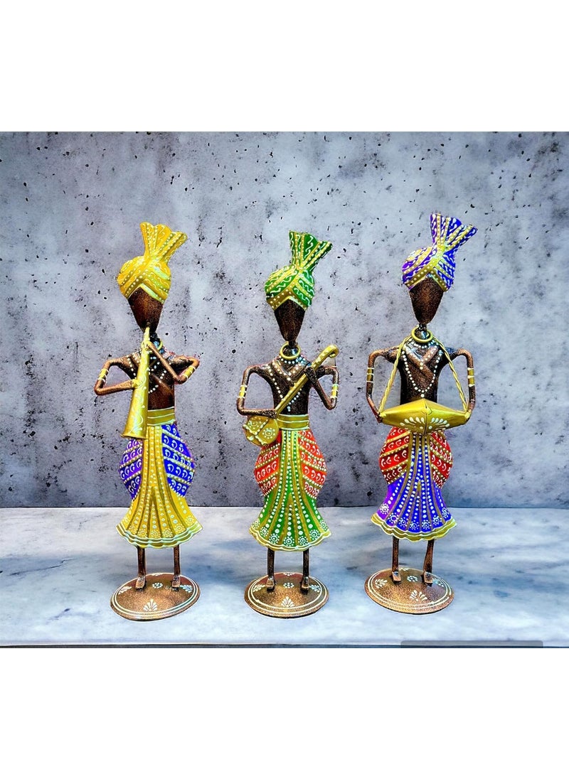 pranjals house - pranjals house Metal Iron Rajasthani Tribal Man Figurine Playing Banjo, Dholak, Trumpet Musical Instrument Center Table Figurine Decorative Showpiece for Home, Living Room, Office (Size 13 in) - Image 1