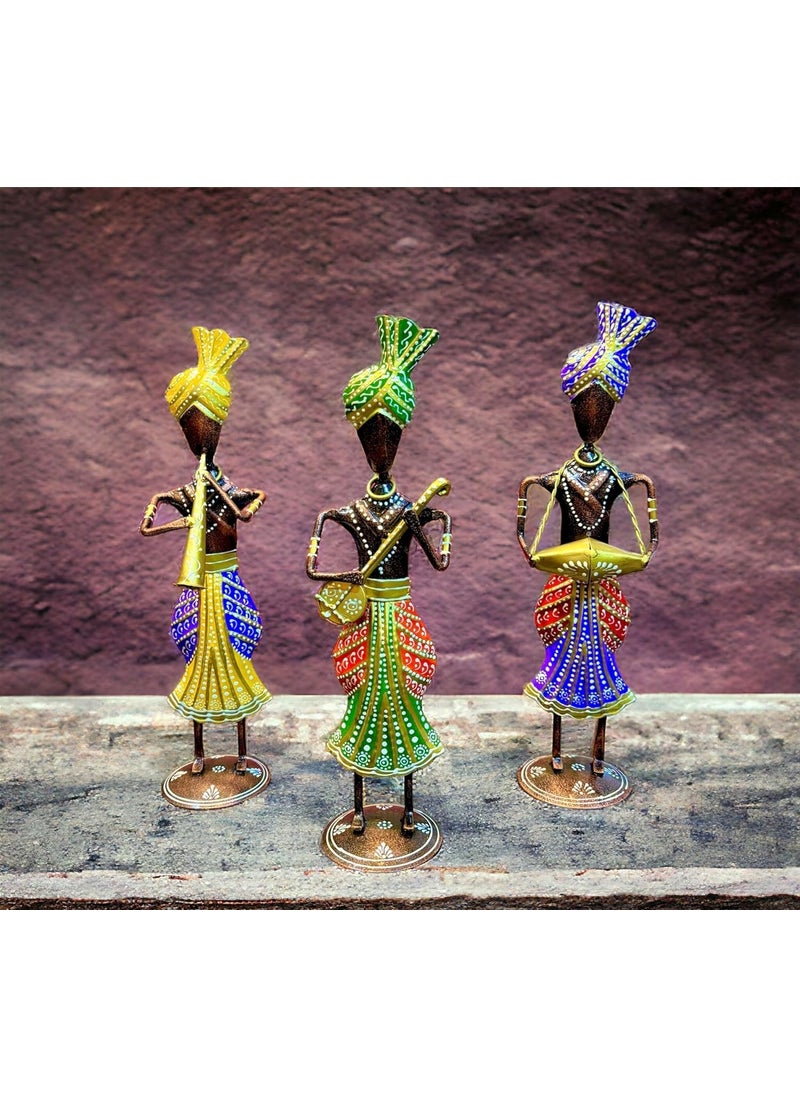 pranjals house - pranjals house Metal Iron Rajasthani Tribal Man Figurine Playing Banjo, Dholak, Trumpet Musical Instrument Center Table Figurine Decorative Showpiece for Home, Living Room, Office (Size 13 in) - Image 1