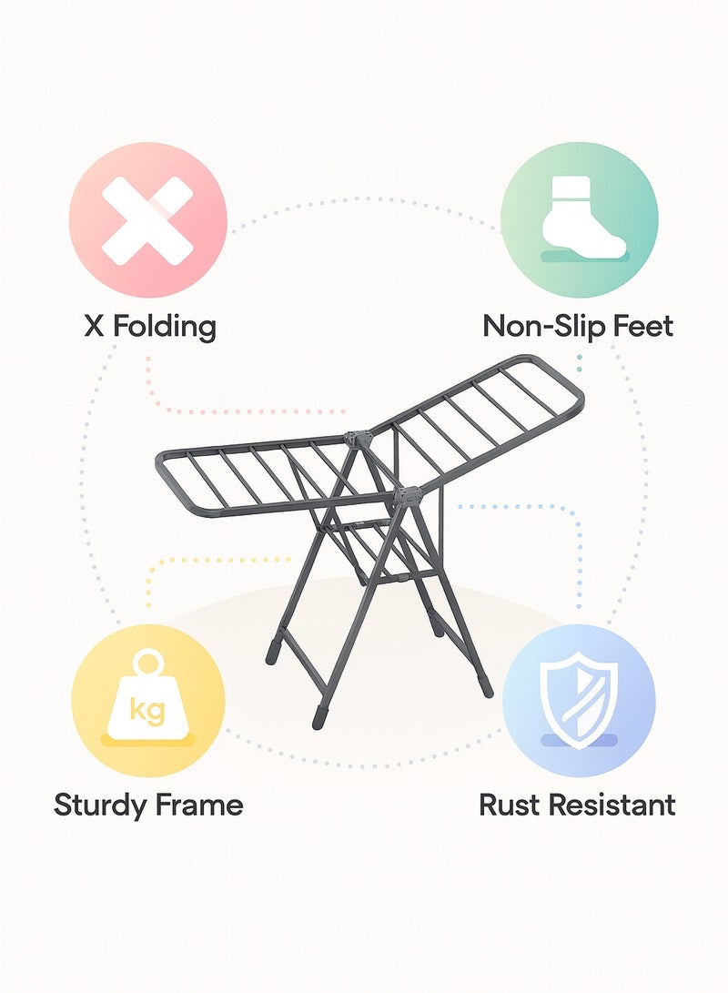 Foldable Clothes Drying Rack with Wheels Heavy Duty Metal Laundry Stand, Large Capacity, Portable & Easy to Move Grey - Image 4