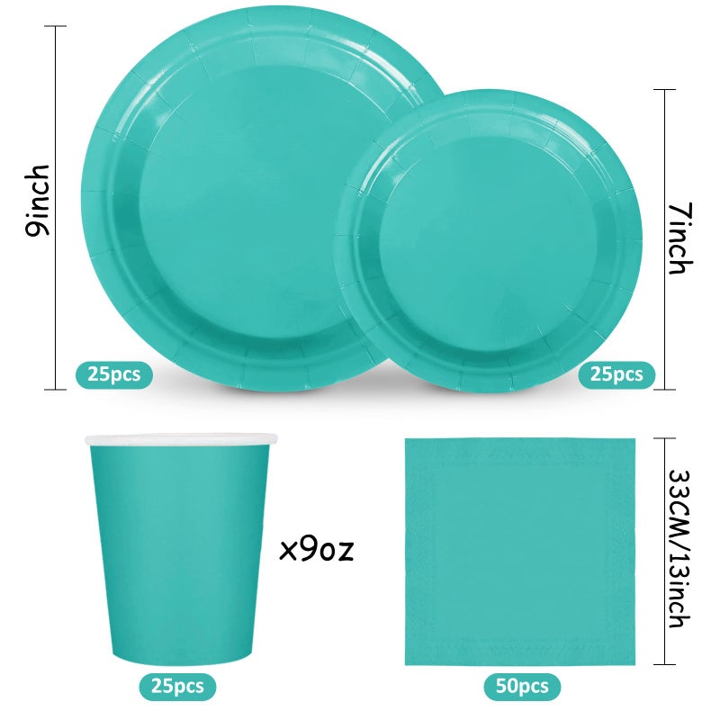 Whaline 100Pcs Teal Tableware Set Teal Blue Disposable Dinnerware 50Pcs Paper Plate 25Pcs Napkin 25Pcs Cup for Birthday Wedding Baby Shower Family Picnic Party Supplies Table Decor - Image 2