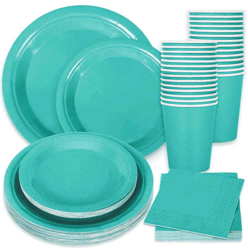 Whaline 100Pcs Teal Tableware Set Teal Blue Disposable Dinnerware 50Pcs Paper Plate 25Pcs Napkin 25Pcs Cup for Birthday Wedding Baby Shower Family Picnic Party Supplies Table Decor - Image 1