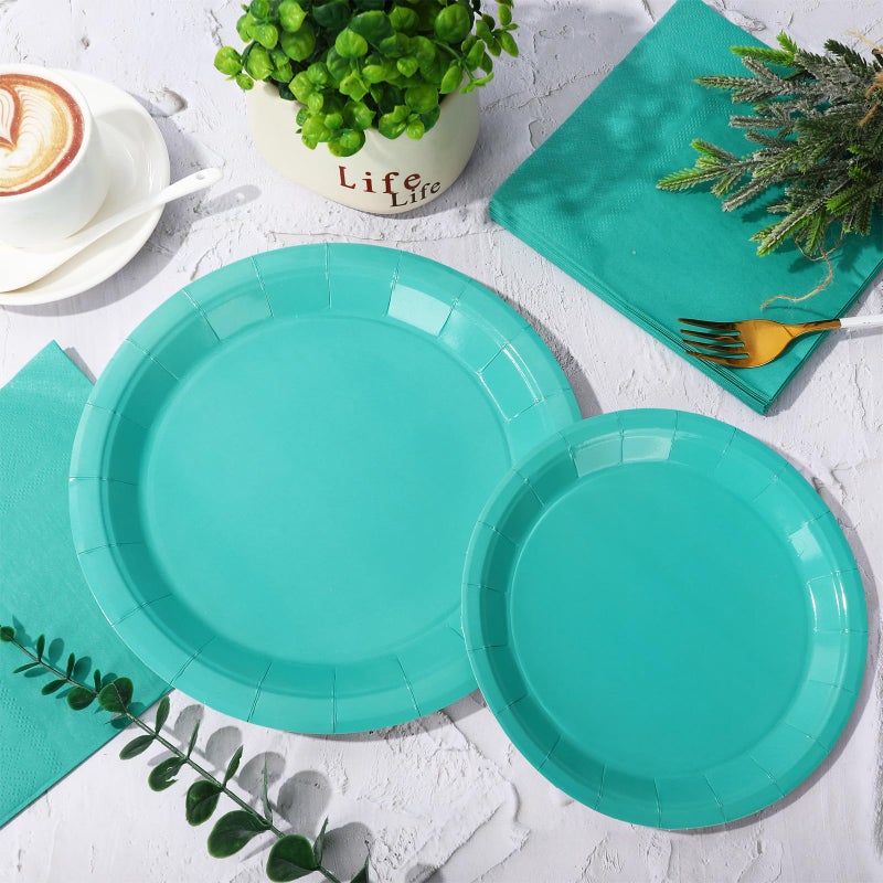 Whaline 100Pcs Teal Tableware Set Teal Blue Disposable Dinnerware 50Pcs Paper Plate 25Pcs Napkin 25Pcs Cup for Birthday Wedding Baby Shower Family Picnic Party Supplies Table Decor - Image 4