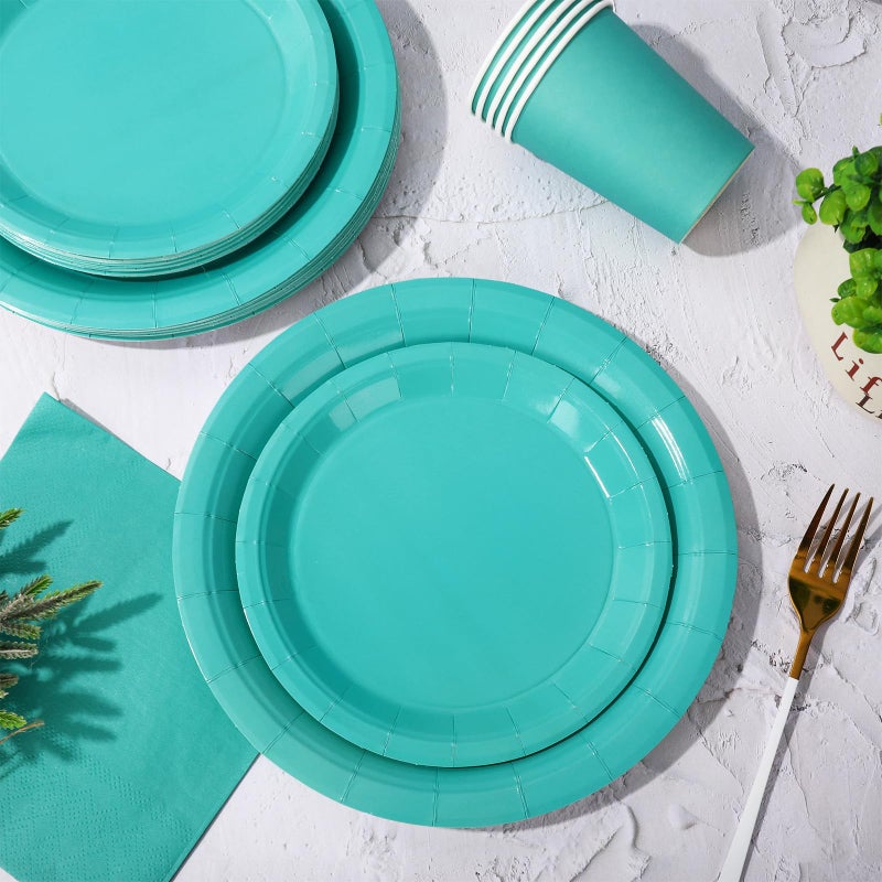 Whaline 100Pcs Teal Tableware Set Teal Blue Disposable Dinnerware 50Pcs Paper Plate 25Pcs Napkin 25Pcs Cup for Birthday Wedding Baby Shower Family Picnic Party Supplies Table Decor - Image 5