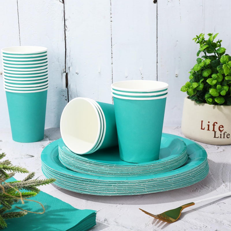 Whaline 100Pcs Teal Tableware Set Teal Blue Disposable Dinnerware 50Pcs Paper Plate 25Pcs Napkin 25Pcs Cup for Birthday Wedding Baby Shower Family Picnic Party Supplies Table Decor - Image 3