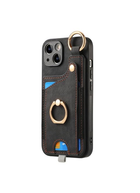 Case Cover For iPhone 15 Plus Retro Skin-feel Ring Card Bag Phone Case with Hang Loop Black