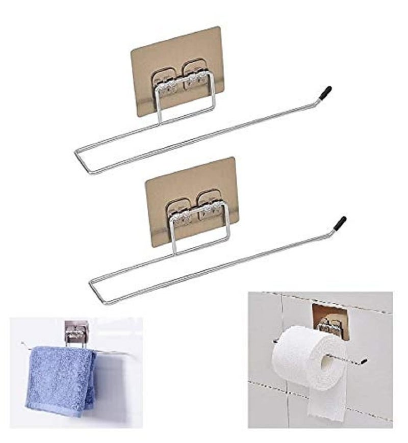 Luxansa SelfAdhesive Toilet Roll Holder Kitchen Paper Roll Holders Towel Tissue Bar Storage Shelves Wall Magic Sticker Dispensers Without Drainer Kitchen Accessories Tissue Roll Holder Silver Pack of 2 - Image 1