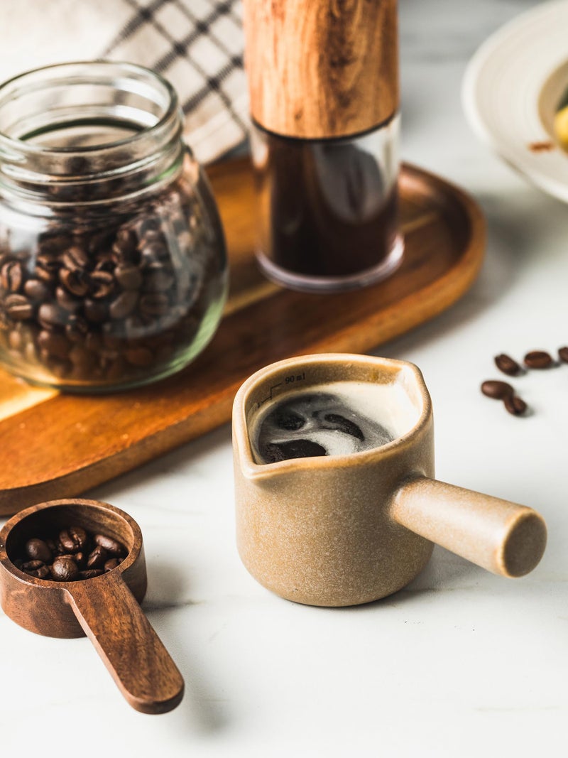 YHOJOY Espresso Measuring Cup, Ceramic Espresso Cup with Handle, Expresso Shots Cups Double Spouts Milk Cup, Espresso Accessories, 3 Oz/ 90 Ml, Brown - Image 5
