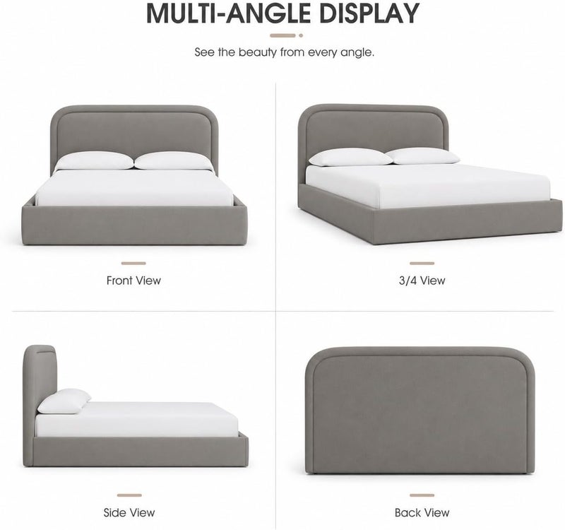 Modern Upholstered Bed Frame with Padded Curved Headboard - Light Grey King Size - Image 4