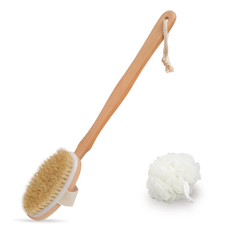 Body Brush for Bath or Shower  Dry or Wet Skin Exfoliating Long Wood Handle Back Scrubber with White Sponge