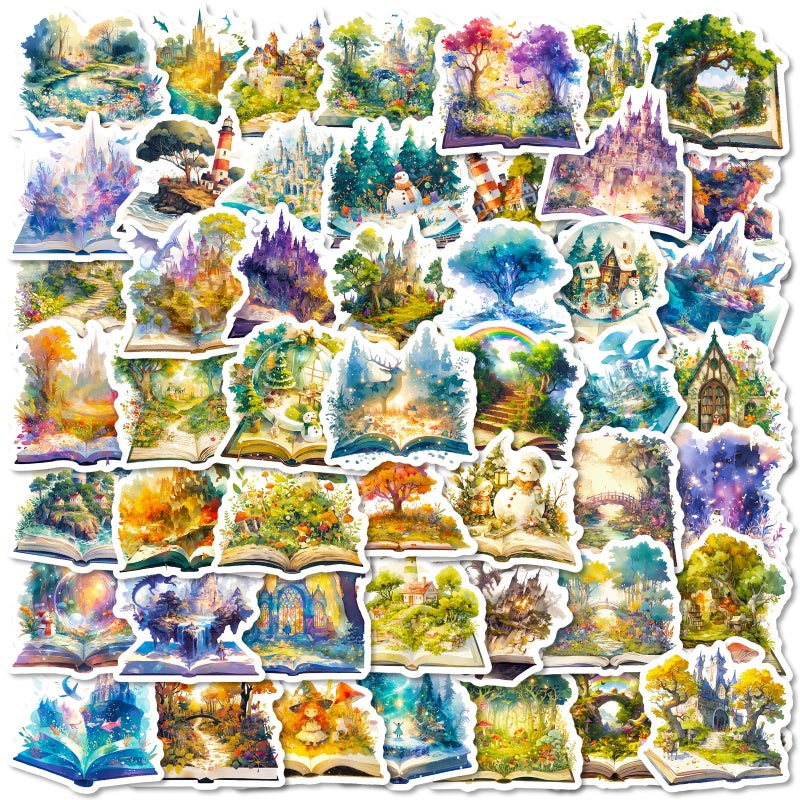 PIGBIT 50-Piece Fantasy Magic Book Stickers â€“ Waterproof Vinyl Enchanted Storybook with Castles, Dragons, Forests, Fairies Stickers for Scrapbooks, Laptops, Journals - Image 1