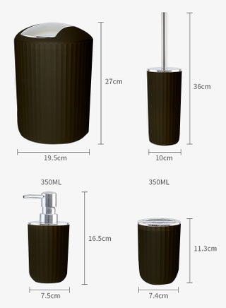 8 pieces of Bathroom accessories set ,plastic gift set, corrugated round electroplating bathroom set, with lotion bottle, toothbrush cup, mouthwash cup, soap tray, toilet brush, trash can, cotton swab box and tray (black) - view 2
