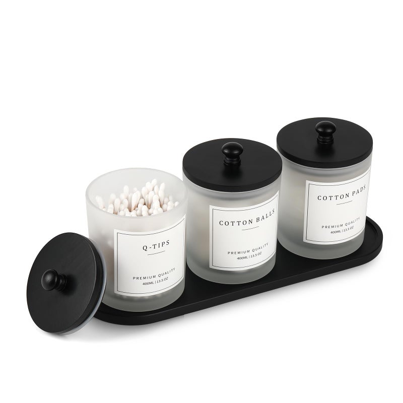 eggs sound 3 Pack Qtip Holder - Bathroom Organizers and Storage, Cotton Round Swab Holder Dispenser Cotton Ball Holder with Tray, Glass Apothecary Jars with Lids, Floss Pick Containers - ms black - Image 1