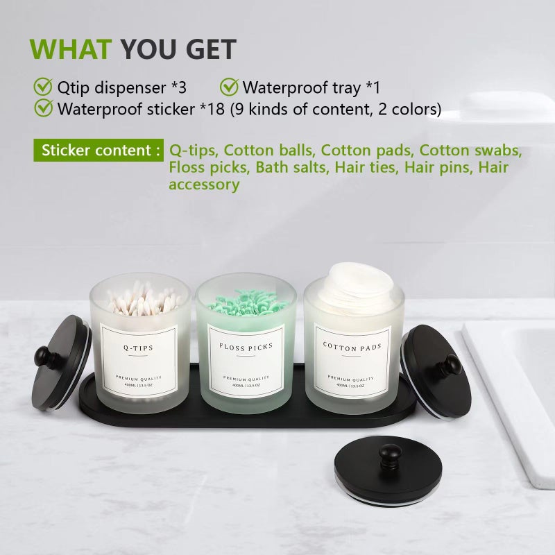 eggs sound 3 Pack Qtip Holder - Bathroom Organizers and Storage, Cotton Round Swab Holder Dispenser Cotton Ball Holder with Tray, Glass Apothecary Jars with Lids, Floss Pick Containers - ms black - Image 2