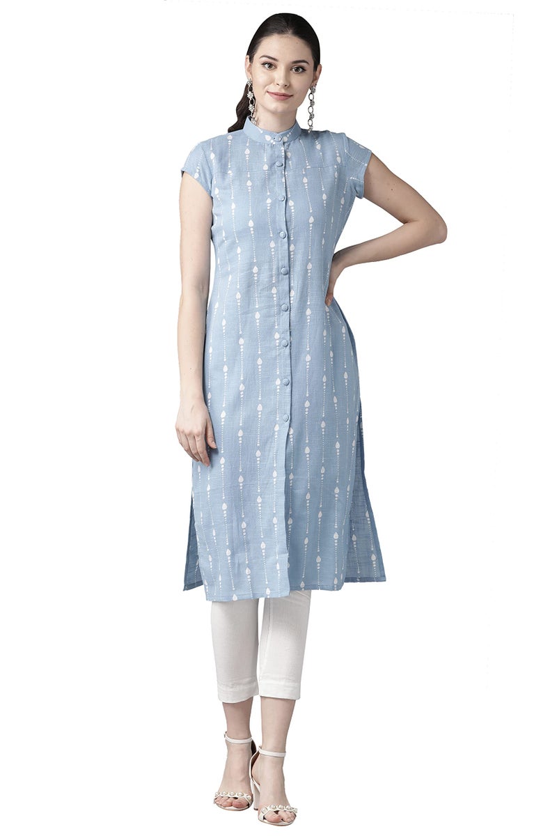 See Designs Women Blue & White Khari Print Straight Kurta - Image 1