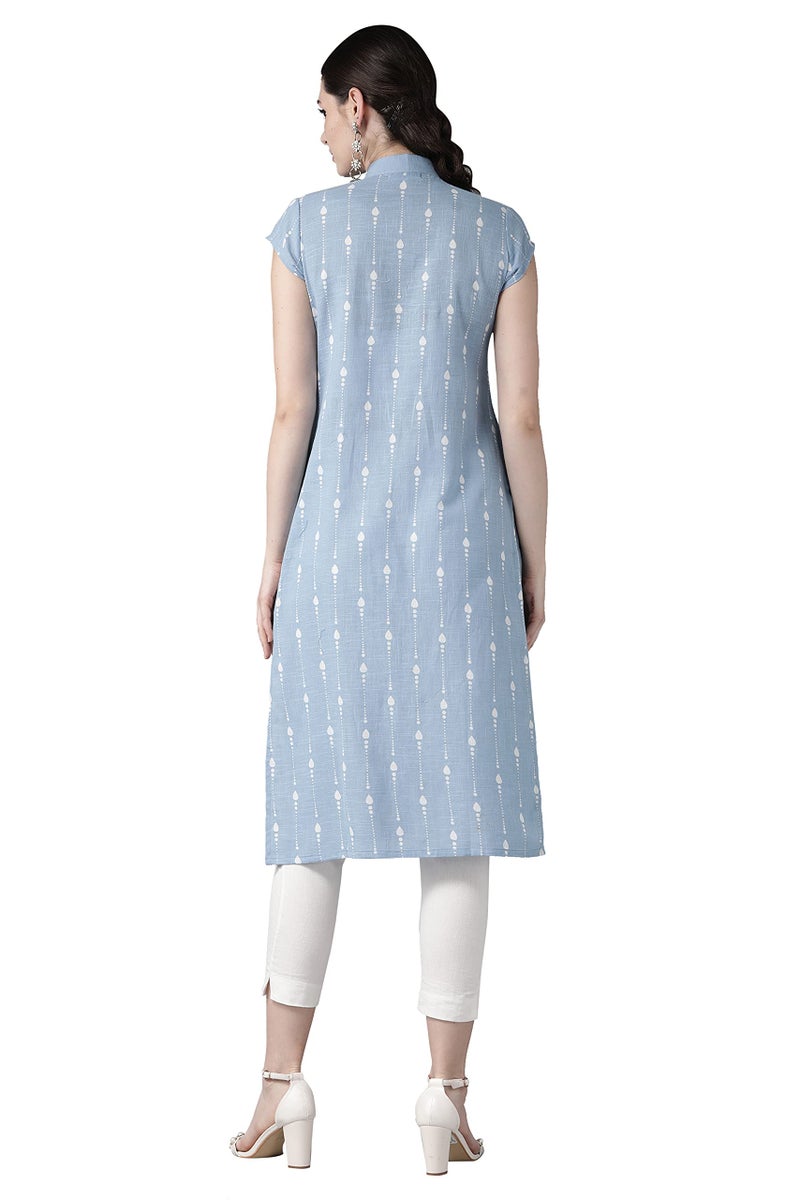 See Designs Women Blue & White Khari Print Straight Kurta - Image 5