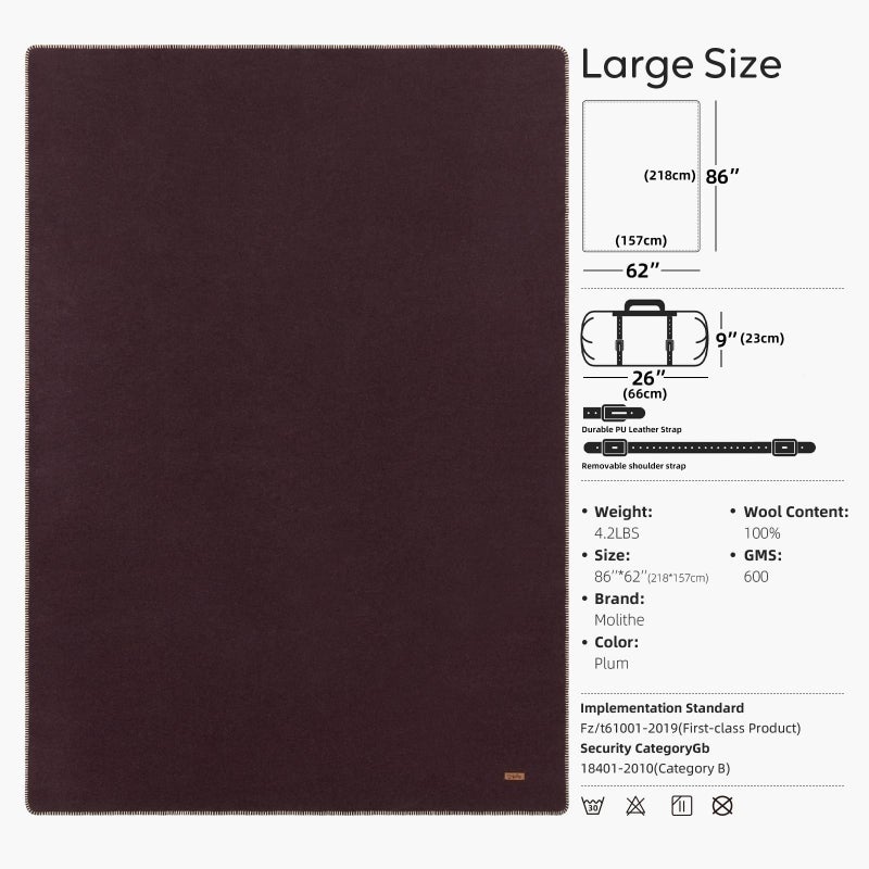 Molithe 100% Wool Blanket, 62" x 86", Warm, Thick, Washable, Military Wool Blanket, Great for Camping, Outdoors, Sporting Events, Survival Kits, Plum - Image 3