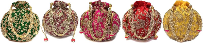 FASHIONS Rajasthani Style Royal Clutch Silk Batwa Bag Combo Wristlets Ethnic Potli for Women's Zari Work Bridal