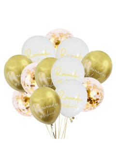 ThePartyPopper 12 Pcs White Gold Ramadan Mubarak Balloons Set Eid Mubarak Party Decor Gold Confetti Balloon  - Image 1