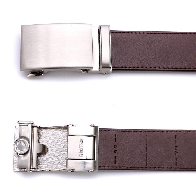 KissTies Genuine Solid Leather Ratchet Belt Brown Strap With Silver Buckle - Image 3