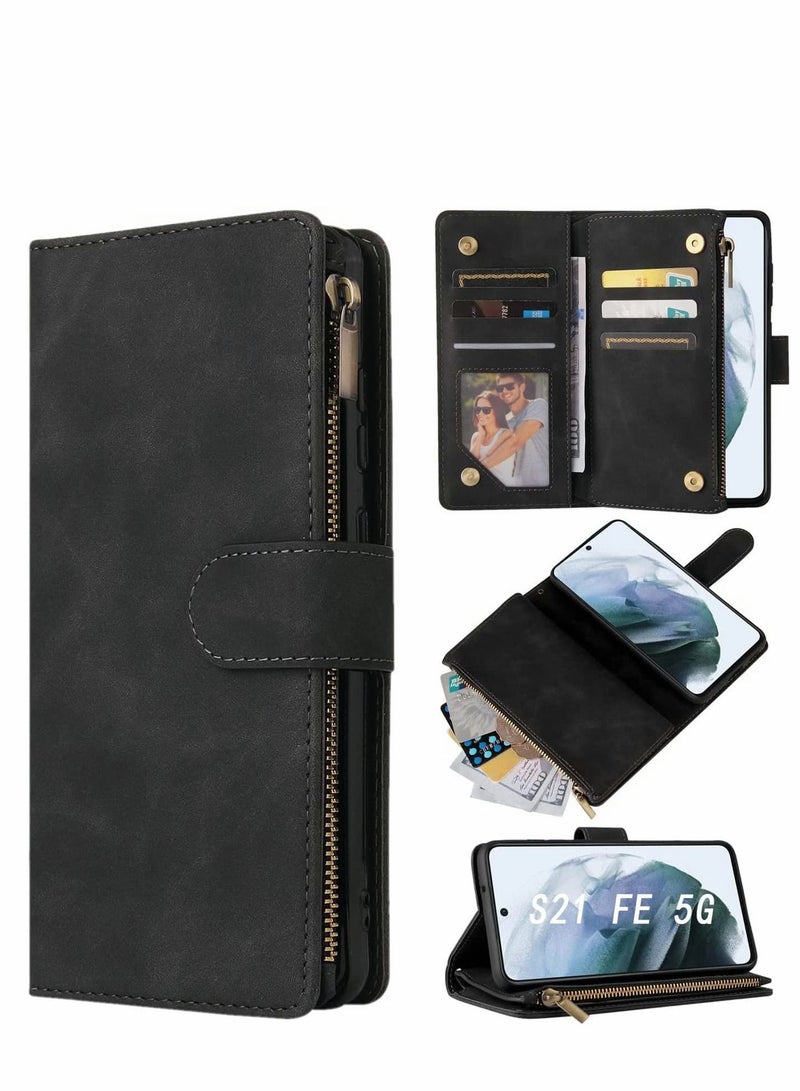 SYOSI Case for Samsung S21 FE 5G Wallet Case with Card Slot Premium Soft PU Leather Zipper Flip Folio Wallet with Wrist Strap Kickstand Protective for Samsung Galaxy S21 FE Case 6.4 inch Black - Image 1