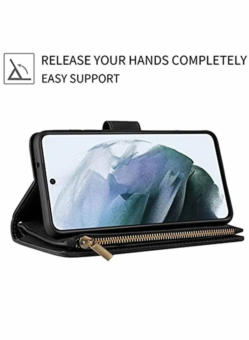 SYOSI Case for Samsung S21 FE 5G Wallet Case with Card Slot Premium Soft PU Leather Zipper Flip Folio Wallet with Wrist Strap Kickstand Protective for Samsung Galaxy S21 FE Case 6.4 inch Black - Image 3