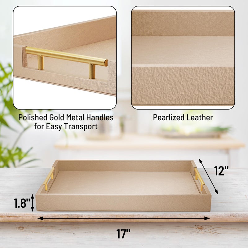 ATZYmolin 17" x 12" Wood Serving Tray with Gold Polished Metal Handles, Home Decorative Wooden Rectangle Ottoman Leather Decor Platter Bathroom Vanity Tray for All Occasions Khaki - Image 3