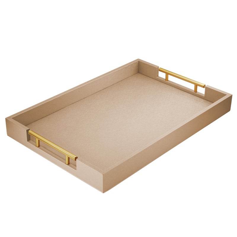 ATZYmolin 17" x 12" Wood Serving Tray with Gold Polished Metal Handles, Home Decorative Wooden Rectangle Ottoman Leather Decor Platter Bathroom Vanity Tray for All Occasions Khaki - Image 1