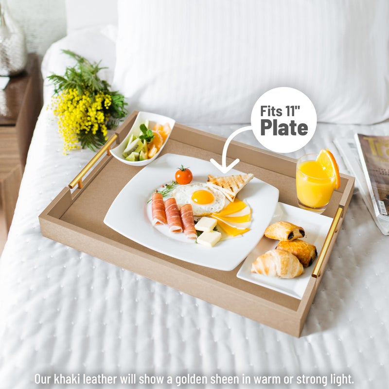 ATZYmolin 17" x 12" Wood Serving Tray with Gold Polished Metal Handles, Home Decorative Wooden Rectangle Ottoman Leather Decor Platter Bathroom Vanity Tray for All Occasions Khaki - Image 4