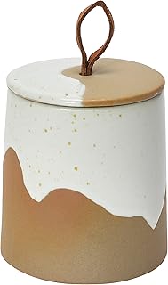 Bloomingville Bloomingville Stoneware Canister with Leather Loop Food Storage, 3" L x 3" W x 4" H, Brown & Cream  - Image 1