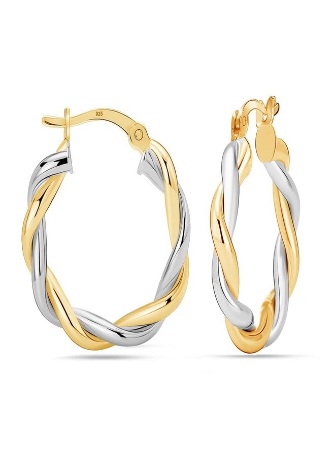 ليكالا أقراط حلقية من الفضة الإسترليني عيار 925 من LeCalla للنساء والمراهقات | أقراط حلقية دائرية ملتوية بلونين مع مشبك علوي 20 مم - Image 1