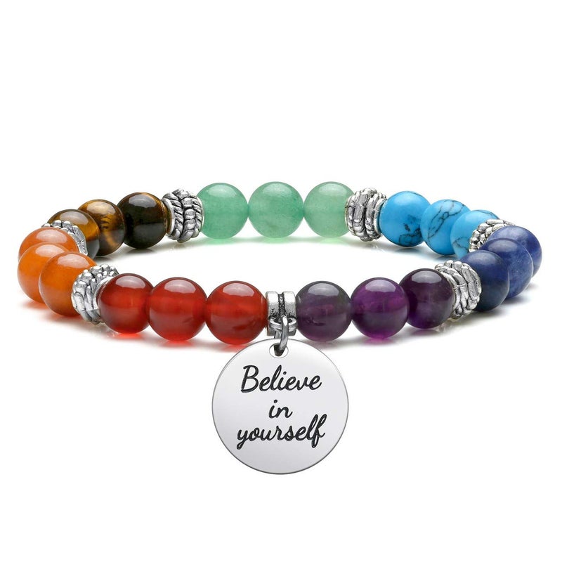 Jovivi 7 Chakra Bracelets for Women Natural Gemstone Yoga Beads Reiki Healing Crystals Stone Beaded Bracelet Believe in yourself Inspirational Charm Stretch Bracelets - Image 1