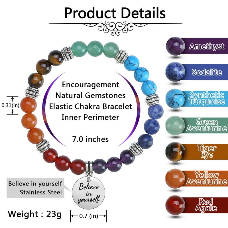 Jovivi 7 Chakra Bracelets for Women Natural Gemstone Yoga Beads Reiki Healing Crystals Stone Beaded Bracelet Believe in yourself Inspirational Charm Stretch Bracelets - Image 3
