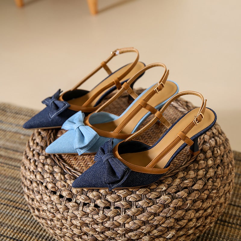 Pointed Toe Sandals For Women, New Style, Stiletto Heel, Denim Bow, High Heels, Closed Toe, French Style, Summer Women'S Shoes 2025 - Image 3