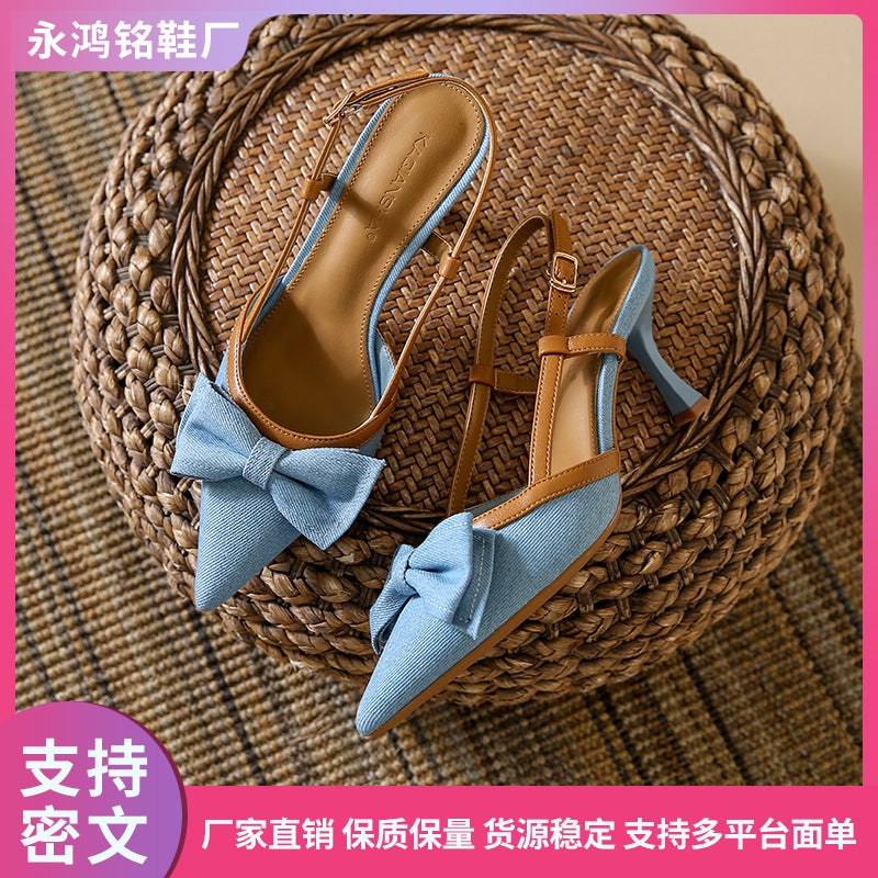 Pointed Toe Sandals For Women, New Style, Stiletto Heel, Denim Bow, High Heels, Closed Toe, French Style, Summer Women'S Shoes 2025 - Image 2