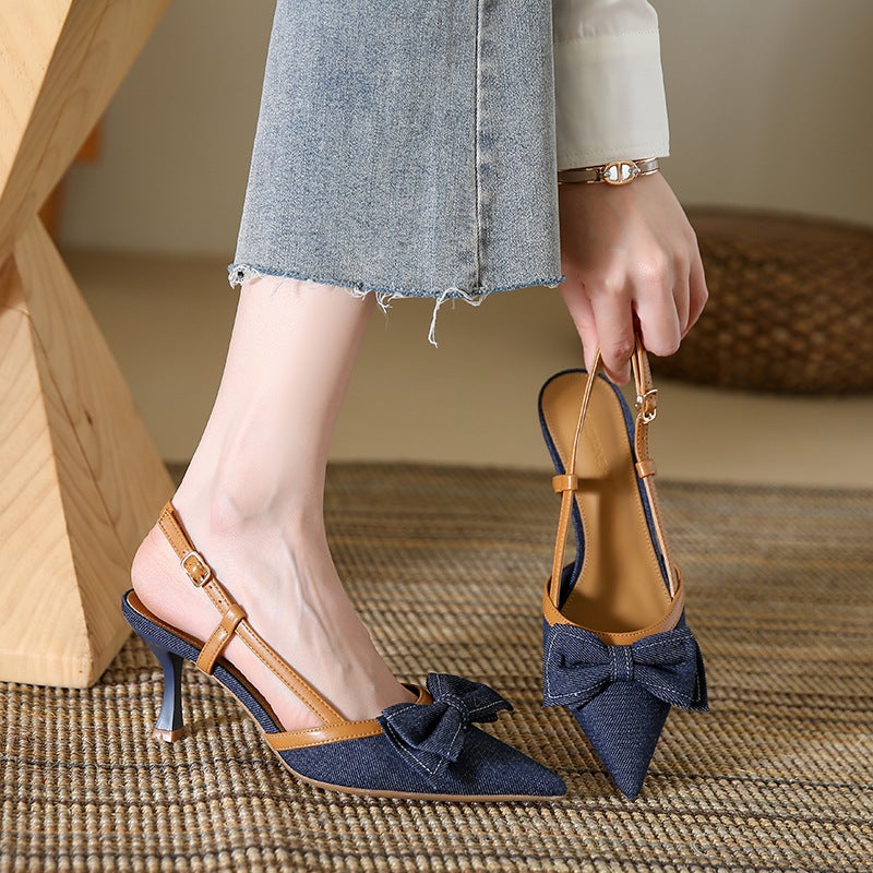 Pointed Toe Sandals For Women, New Style, Stiletto Heel, Denim Bow, High Heels, Closed Toe, French Style, Summer Women'S Shoes 2025 - Image 4