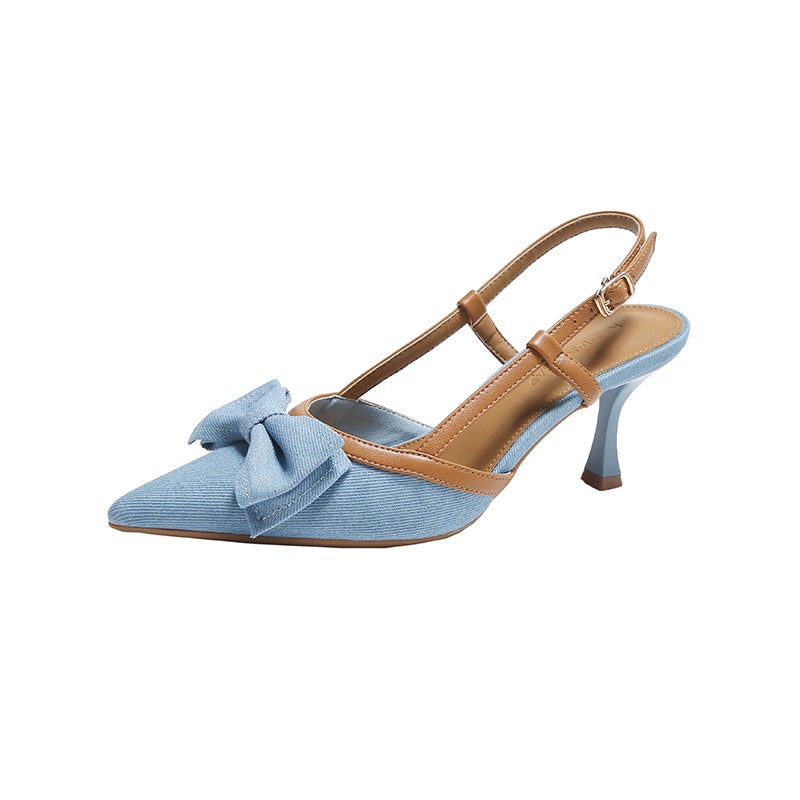 Pointed Toe Sandals For Women, New Style, Stiletto Heel, Denim Bow, High Heels, Closed Toe, French Style, Summer Women'S Shoes 2025 - Image 1