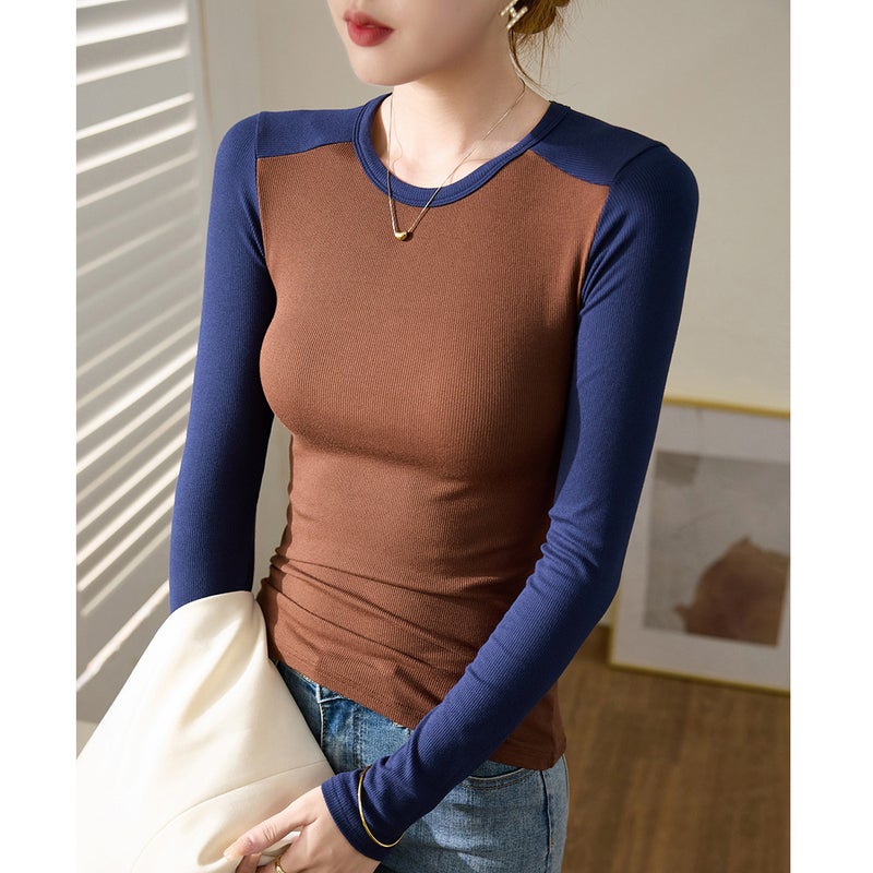 High-Quality Elastic Threaded Cotton Retro Color-Blocked Long-Sleeved T-Shirt For Women 2025 Slim-Fitting Inner Top Bottoming Shirt - Image 1