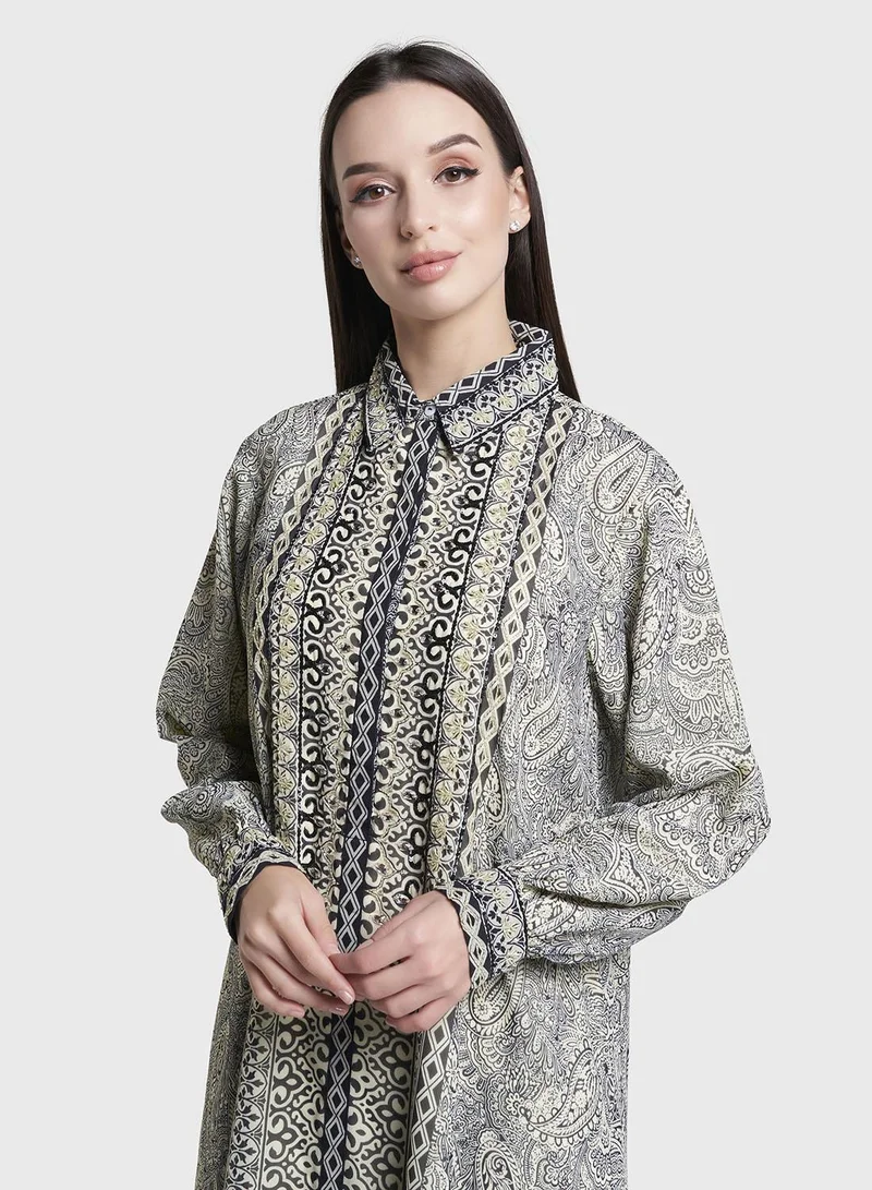 كشخة Lemon Paisley Print Hand Work Georgette Long Shirt Dress (VW362)
