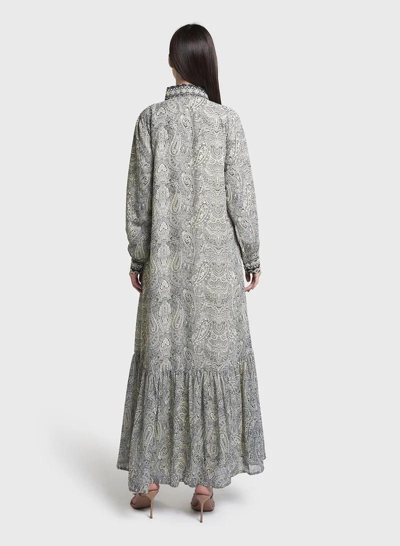 Kashkha  Lemon Paisley Print Hand Work Georgette Long Shirt Dress (VW362) for Women | Best Price UAE